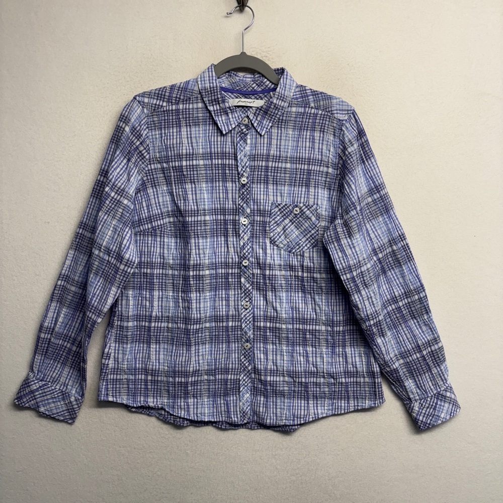 Foxcroft Periwinkle Plaid‎ Check Collared Button Down Shirt Blouse 14